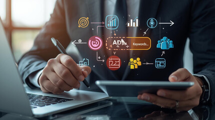 Businessman using digital tablet and laptop with infographic icons overlay