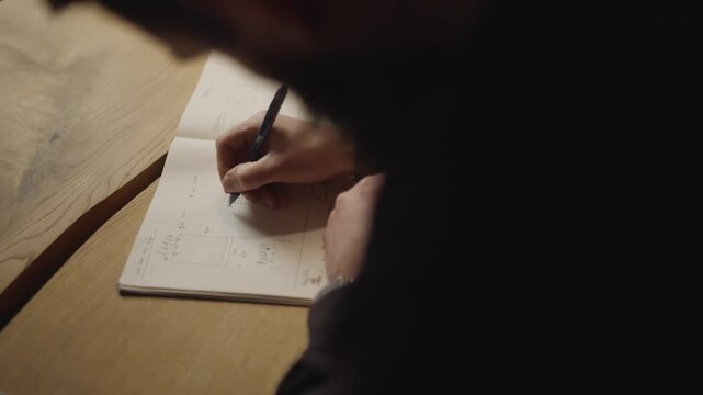 Detailed close-up of a hand drawing technical sketches in a notebook with a pen. Creative design and planning work.