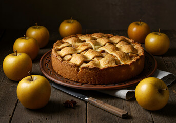 Homemade apple pie on rustic plate surrounded by fresh apples