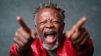 An exuberant man in a red jacket depicts pure joy and enthusiasm, capturing the essence of celebration and the thrill of human emotions in the moment.