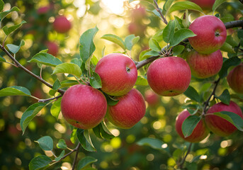 Ripe apples hanging from orchard tree branch surrounded by green leaves