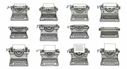 Collection of Hand Drawn Vintage Typewriter Illustrations for Retro Design and Nostalgic Projects