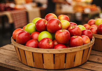Basket of fresh red and green apples displayed at local farmer’s market