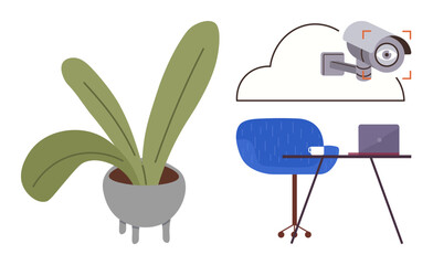 Potted plant near workspace involving chair, laptop, and desk alongside cloud-integrated security camera system. Ideal for remote work, smart home, tech design, security, connectivity, decor simple
