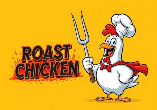 Cartoon Chicken Chef Advertising Roast Chicken with Flames and a Carving Fork on Gold