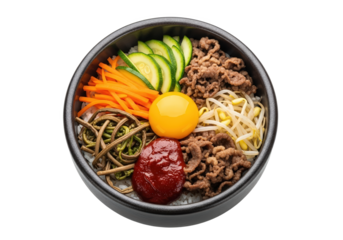 Colorful bowl of bibimbap featuring vegetables, beef, and egg, served in a traditional dish