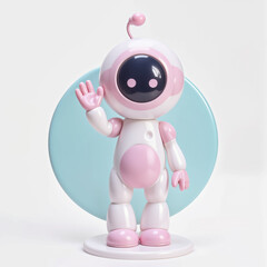 Friendly Pink and White Robot Waving on a Light Blue Circle Background