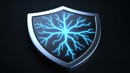 A sleek metallic shield displays a luminous blue neural network pattern, powerfully symbolizing advanced digital security and robust technological defense. - Powered by Adobe