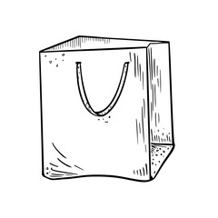 Shop bag paper black white vector illustration. Hand drawn minimalist shopping bag outline with handles. Empty package monochrome drawing for branding, retail graphics and fashion editorials.