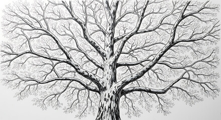 A black silhouette of a bare winter tree on a white, isolated sky