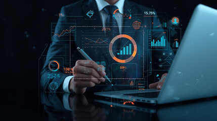 Businessman analyzing financial data on futuristic holographic interface