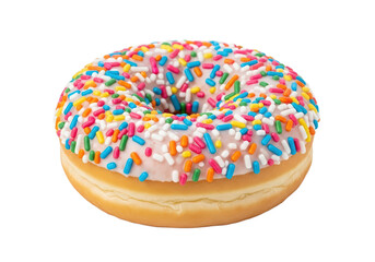 Colorful sprinkles adorn a delicious donut on a white background, perfect for dessert imagery