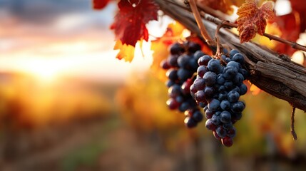 A picturesque bunch of dark grapes hanging on a vine, illuminated by golden sunset light, creating a serene atmosphere that captures the essence of nature's beauty in late autumn.