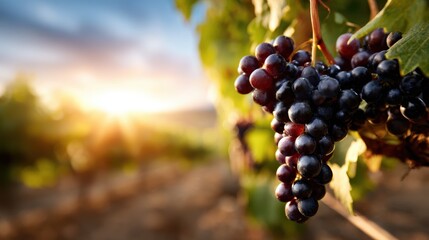 A close-up view of ripe grapes hanging in a vineyard at sunset, displaying the natural beauty of agriculture and the beginning of grape harvesting season.
