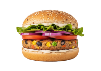 Colorful vegetarian burger with fresh vegetables, placed on a clean background, highlighting its appeal