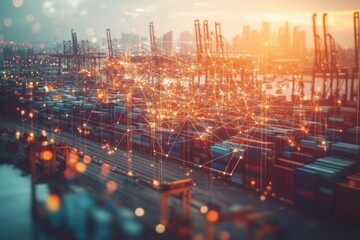 Obraz premium A large container ship in a harbor with a network of connected l