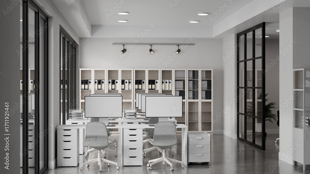 Aufkleber digital 3d visualization of workplace design with clean, bright and functional furniture layout