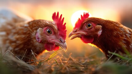 Fototapeta premium Close-up of two charming chickens facing each other at sunrise, displaying the beauty of poultry amidst a warm glowing background that signifies the start of a new day.