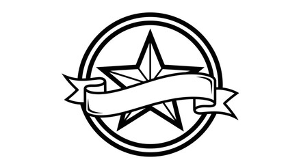 Black and white emblem featuring a star within a circle, overlaid with a blank banner.