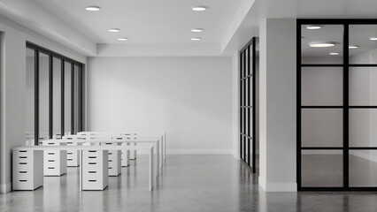 Empty workplace in contemporary 3D design, featuring clean white furniture and industrial glass walls