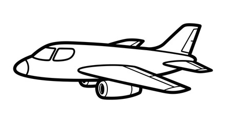 A line drawing of an airplane in flight, shown in profile, with visible engines and tail fin.