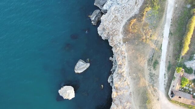Aerial view of Black sea coast near Tyulenovo village, Dobrich Region, Bulgaria