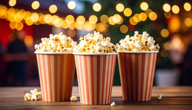 Popcorn in striped containers at an outdoor event