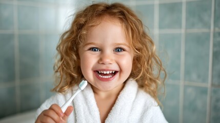 A joyful child with curly hair and a bright smile brushes their teeth in a bathroom, showcasing a routine moment of hygiene and the essence of childhood happiness.