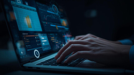 Close up of hands typing on a laptop with glowing digital data on screen