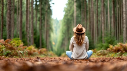 A girl sits peacefully in a forest, her back to the viewer, wearing a brown hat, surrounded by tall trees, reflecting on life while connecting with nature's serenity and beauty.