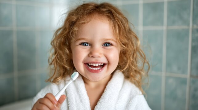 A joyful child with curly hair and a bright smile brushes their teeth in a bathroom, showcasing a routine moment of hygiene and the essence of childhood happiness. - Powered by Adobe