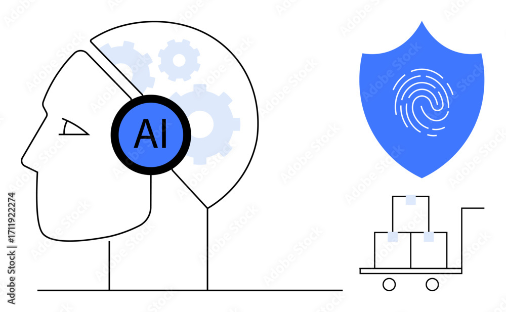 Poster human head with ai gears, fingerprint shield, and cart with boxes illustrating ai in data security, 
