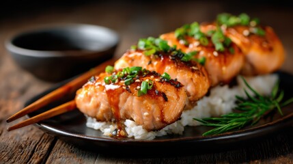 Beautifully presented salmon skewers drizzled with a savory glaze over a bed of rice, showcasing delicious flavors and artistry in culinary presentation.