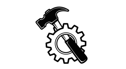 A black and white graphic of a hammer and gear, symbolizing industrial work.