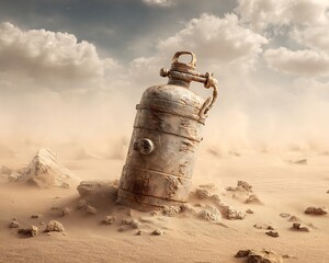 Portable oxygen canister for survivors displayed in sandstorm ruins