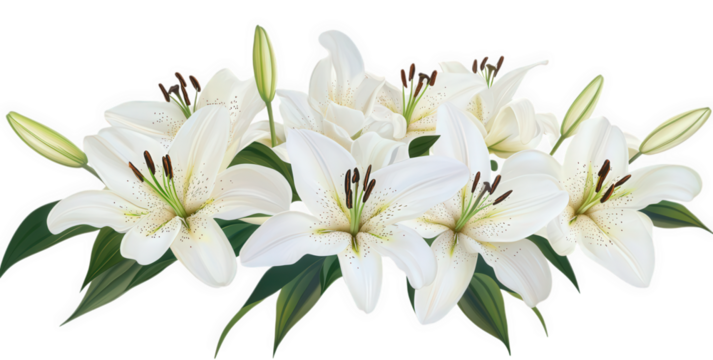 Graceful white lilies isolated on transparent background, arranged in a harmonious composition, exuding tranquility and sophistication, ideal for enhancing visual projects