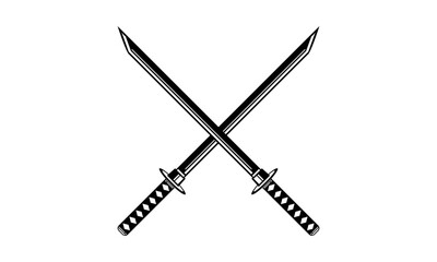 A striking black and white illustration of two crossed Japanese katana swords isolated on a plain background.