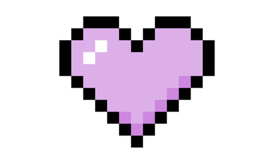 Pixelated pink heart icon in a retro 8-bit video game style. A digital symbol of love and affection isolated on a white background