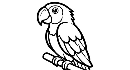 A cartoon parrot sits perched on a branch, outlined in black on a white background.