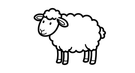 A cartoon-style illustration of a sheep standing, depicted in black and white with a fluffy coat.