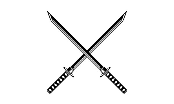 A striking black and white illustration of two crossed Japanese katana swords isolated on a plain background.