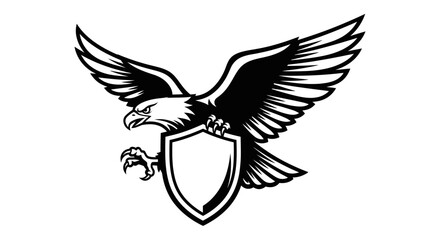 A stylized black and white graphic of a soaring eagle holding a shield.
