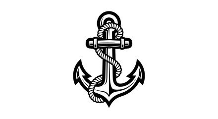 A detailed black and white illustration of a classic anchor with a rope wrapped around it.
