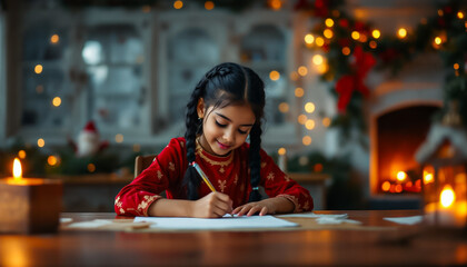 Girl Writing Christmas Letter by Fireplace