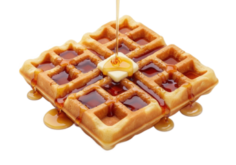 Delicious golden waffles topped with melting butter and dripping syrup on a clean white background