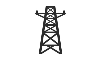 A simple black and white vector illustration of an electricity pylon. This icon represents energy transmission, power grid infrastructure, and high voltage electricity supply