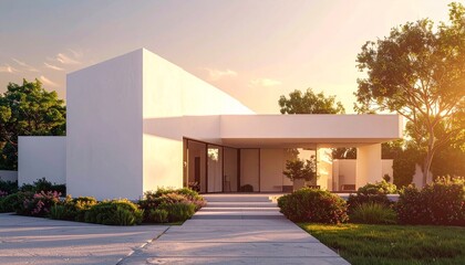 Fototapeta premium Modern minimalist house exterior with sunset light and greenery