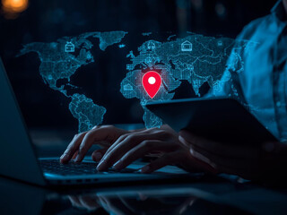 Hacker using laptop with glowing digital world map and location pin overlay