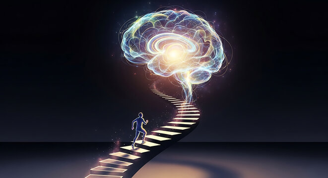Journey to Knowledge and Intelligence - Man Running Up Staircase to Glowing Digital Brain