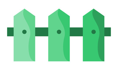 Green fence with three vertical planks and a horizontal rail.